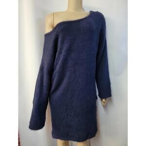 Military Hippie Women Size M Blue Fuzzy Knit Sweater Dress Long Sleeve #CB8